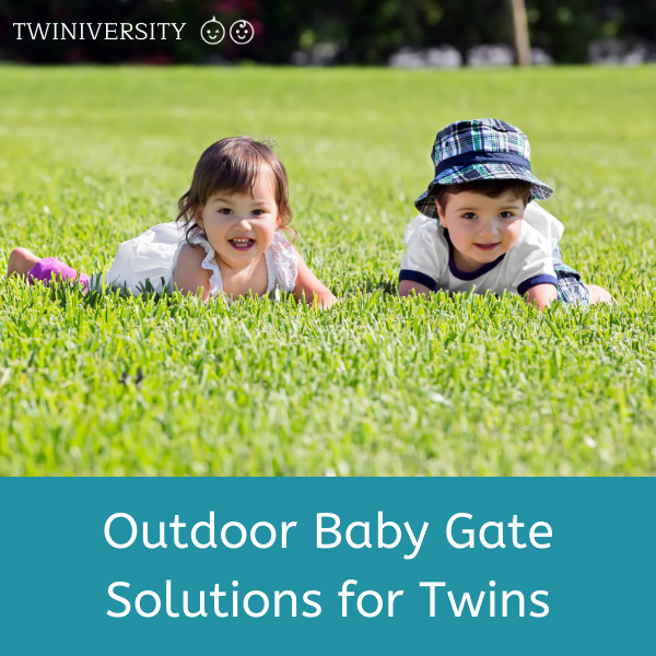 two toddlers laying in grass on their bellies. One girl wearing white and purple, 1 boy wearing a plaid blue hat and white shirt. "Outdoor baby gate solutions for twins" on the bottom