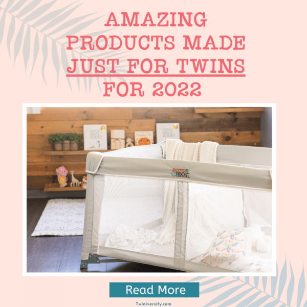 a tan play yard and pink graphic that reads 'amazing products just for twins for 2022'