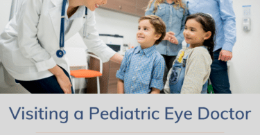 Family with two young children speaking with eye doctor
