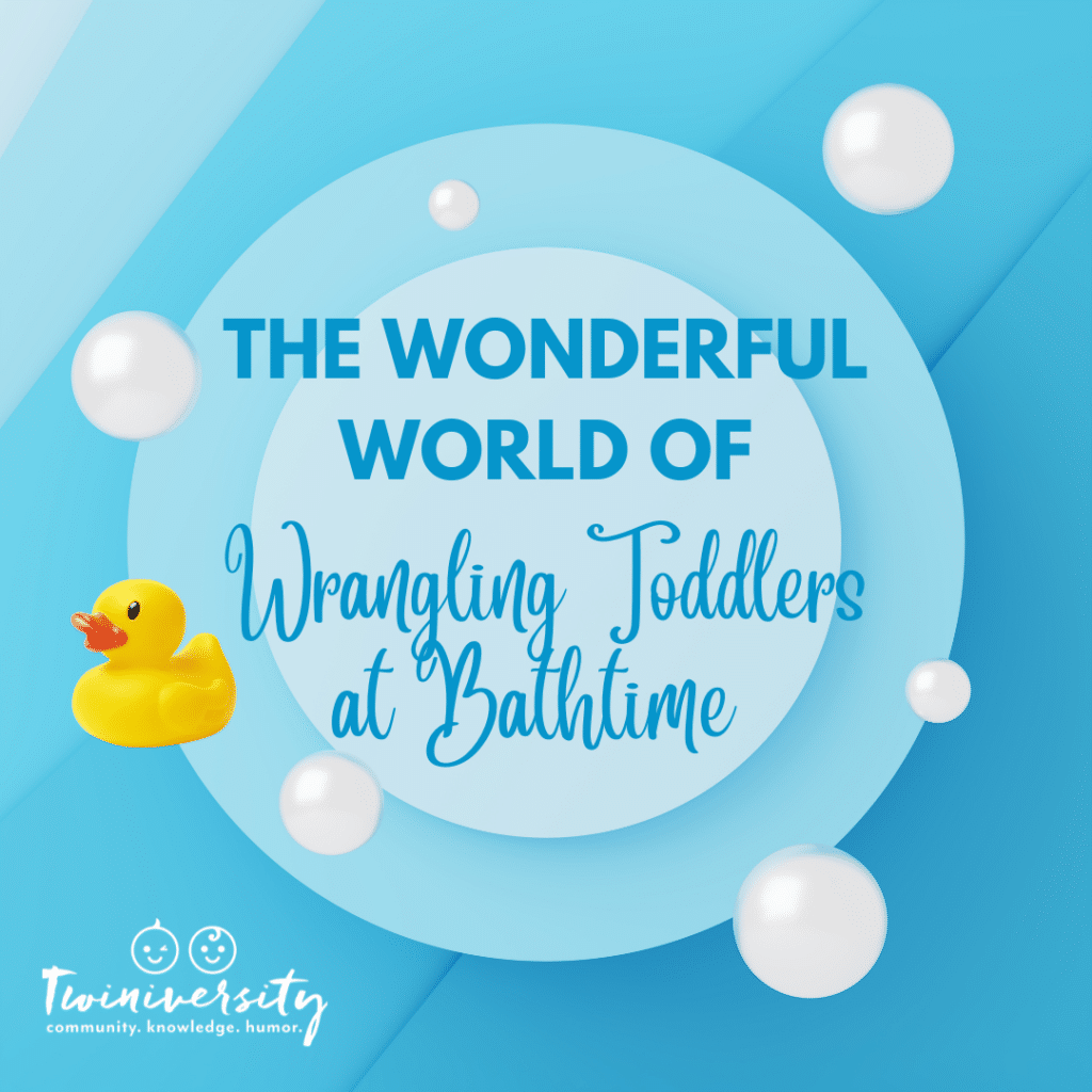 Blue ombre background, with lighter blue circles and white bubbles, with text reading "The Wonderful World of Wrangling Toddlers at Bathtime" and a yellow rubber duck.