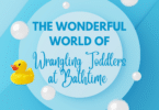 Blue ombre background, with lighter blue circles and white bubbles, with text reading "The Wonderful World of Wrangling Toddlers at Bathtime" and a yellow rubber duck.