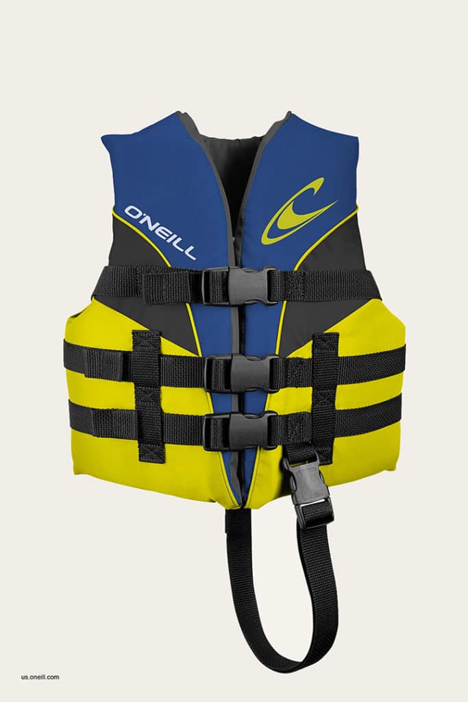 Yellow blue and black O'Neill Wake Waterski Infant life jacket