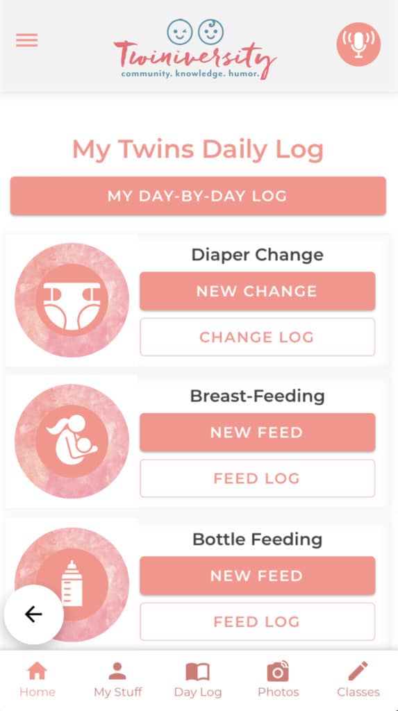 Twiniversity baby tracker app 'My Twins Daily Log' home page with spaces for diaper change, breastfeeding and bottle feeding. 