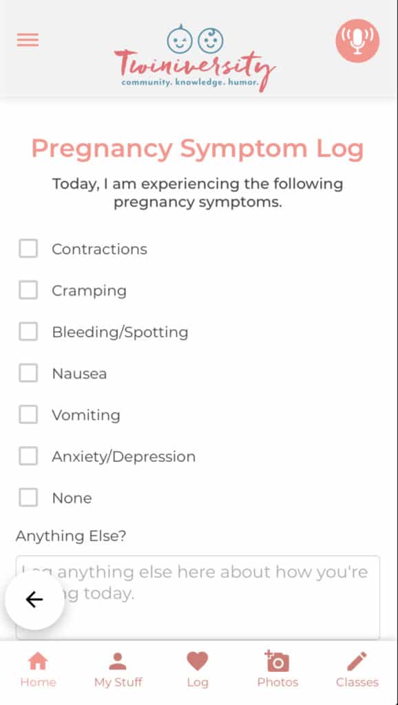 Twiniversity baby tracker 'Pregnancy Symptom Log' with check boxes for symptoms and a box for notes