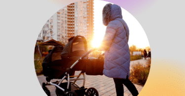 Gray background with purple and yellow gradient, picture of woman pushing a double baby stroller, with text reading "What's The Best Stroller for Kids? An Extensive Exploration of Twin Baby Strollers"