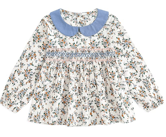 baby girl floral blouse with pastel colors and blue collar