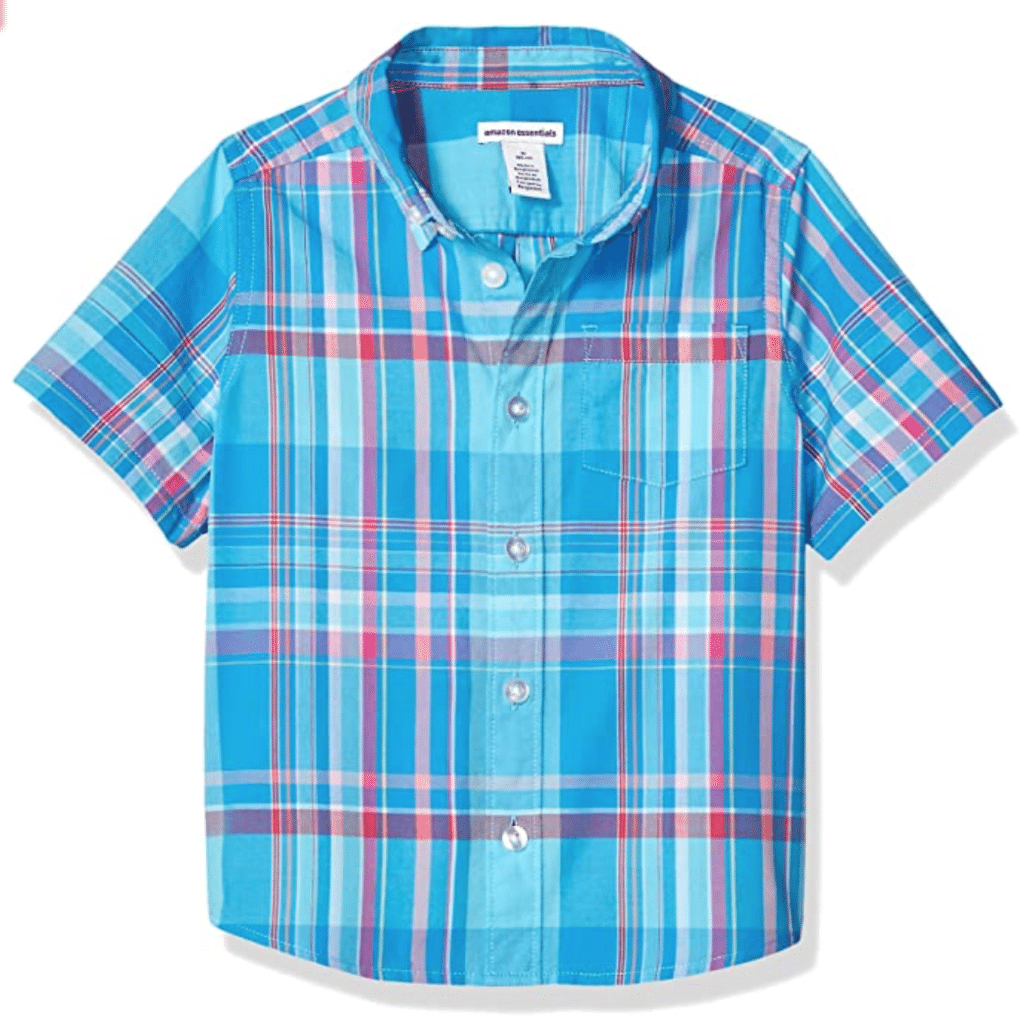 short sleeve button down shirt for boys in shades of blue, red, pink, and white