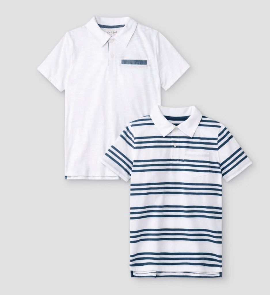 two boys' polos, one white with blue accent on pocket and one blue and white striped