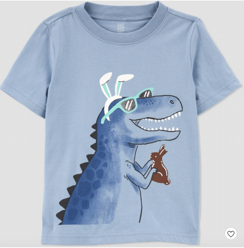 short sleeved pastel blue toddler shirt with dinosaur wearing bunny ears and holding easter basket
