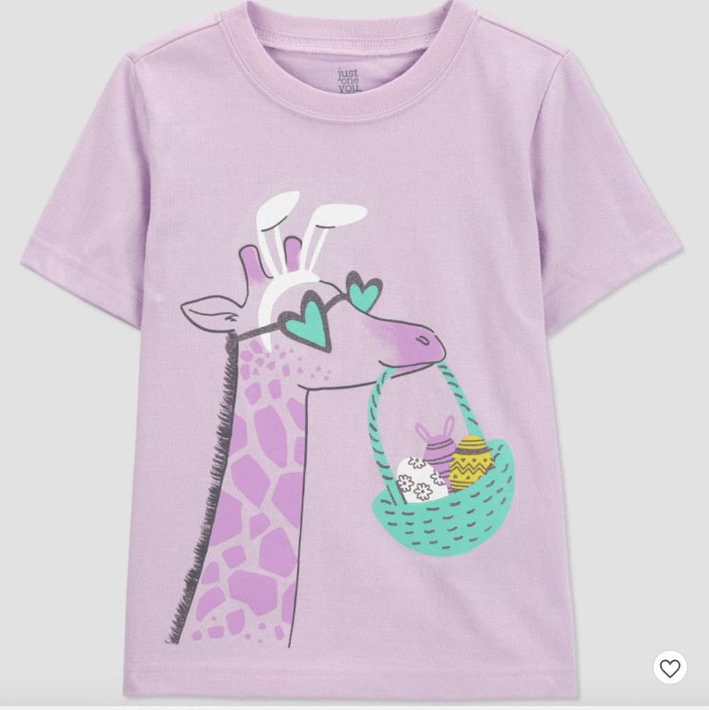 short sleeved pastel purple toddler shirt with giraffe wearing bunny ears and holding easter basket