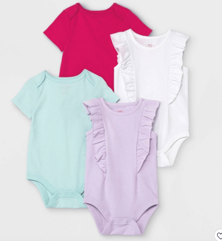 four baby girls' onesies in magenta, mint, white, and lavender colors