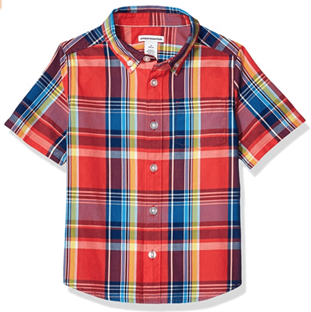short sleeve button down shirt for boys in red, blue, white, and yellow