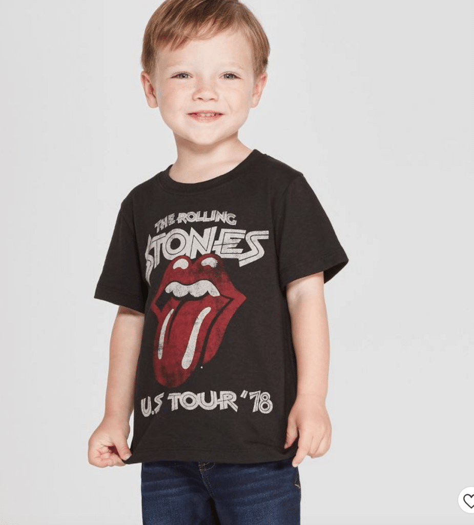 black toddler tee shirt with rolling stones logo and "US Tour '78"