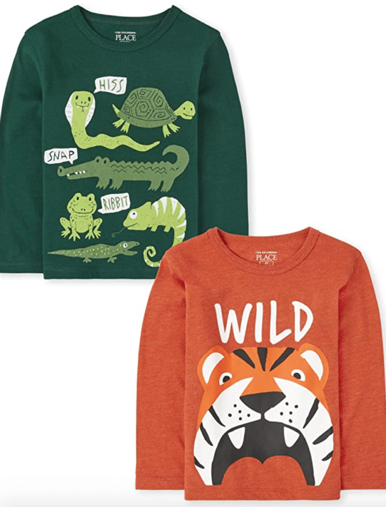 green long sleeved toddler shirt with reptiles and orange long sleeved toddler shirt with tiger and "wild" in white print