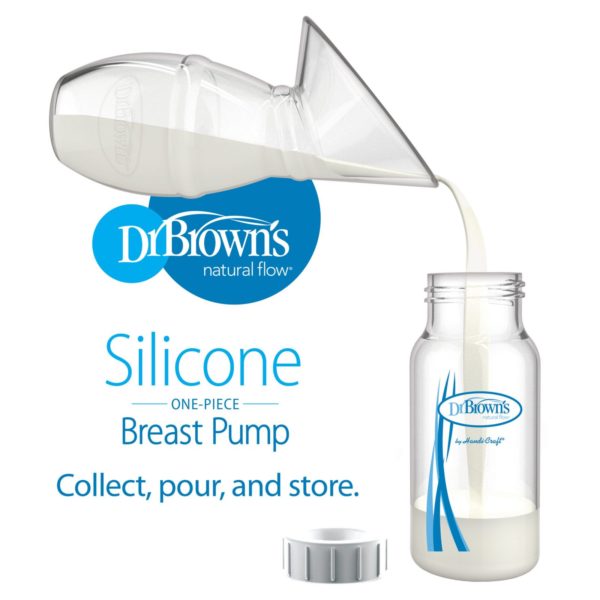 Dr. Brown's Silicone One-Piece Breast Pump pouring into Dr. Brown's baby bottle
