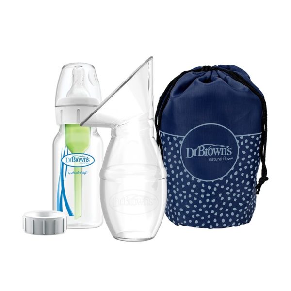 Accessories included with Dr. Brown's Silicone One-Piece Breast Pump including bottle and travel bag with drawstring closure
