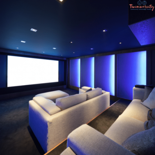 a home movie theater with two white couches and dark blue walls. A large screen is lit up on one wall