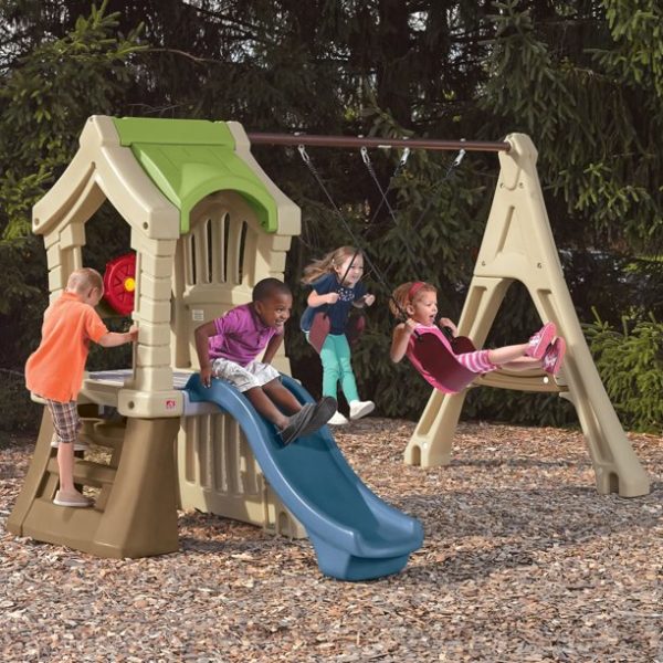 Kids playing on swing set outdoor toys for toddlers