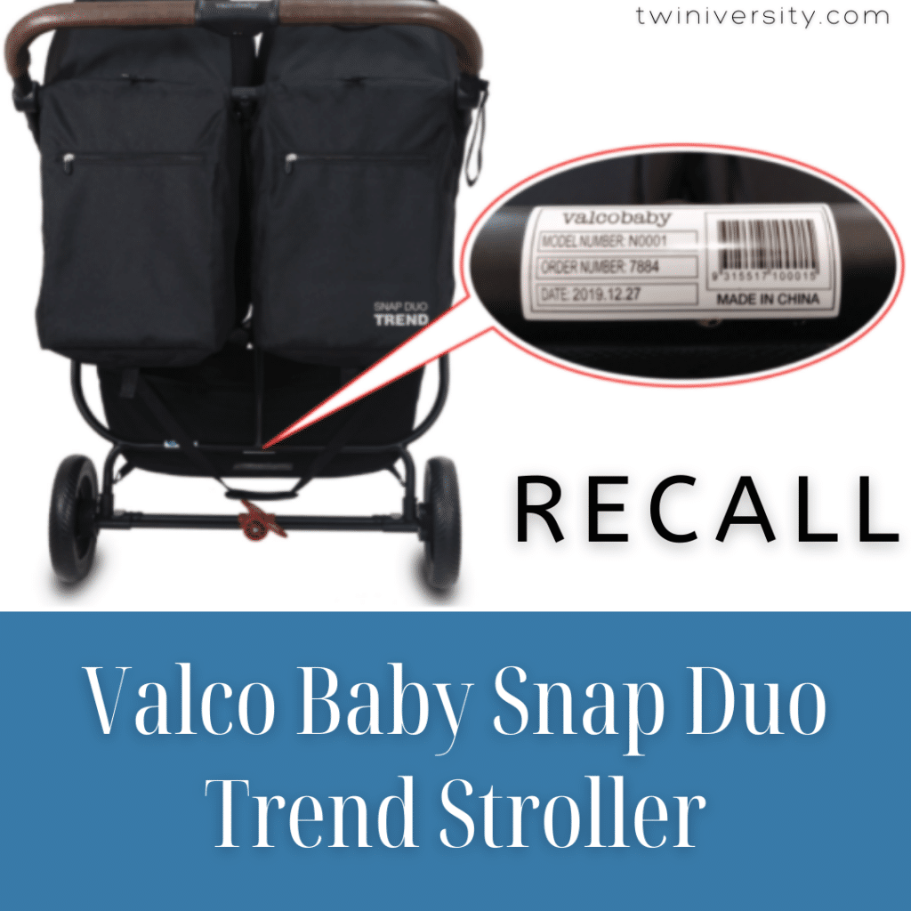 double stroller with a bubble showing the barcode and text saying 'recall, twiniversity.com' and 'Valco baby snap duo trend stroller'