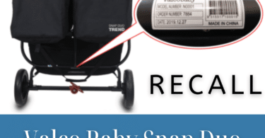 double stroller with a bubble showing the barcode and text saying 'recall, twiniversity.com' and 'Valco baby snap duo trend stroller'