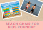 Sand background with photo of kids playing at the beach and two colorful beach chairs. Pink text reading "Beach Chair for Kids Roundup" with black script below it reading "Fun in the Sun Without Sandy Bums"