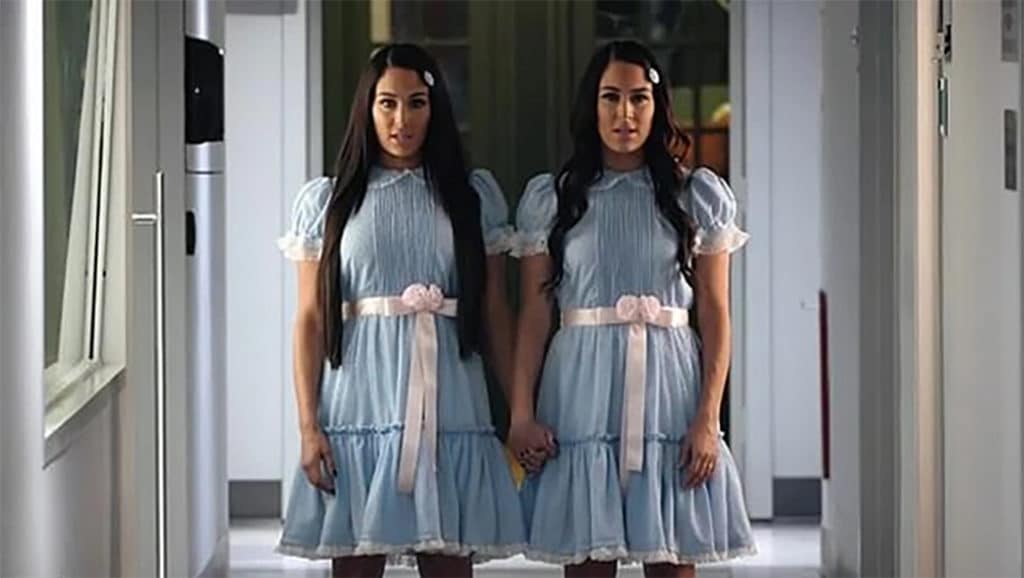 The Bella Twins wear the Shining Twins costumes for The Tonight Show appearance