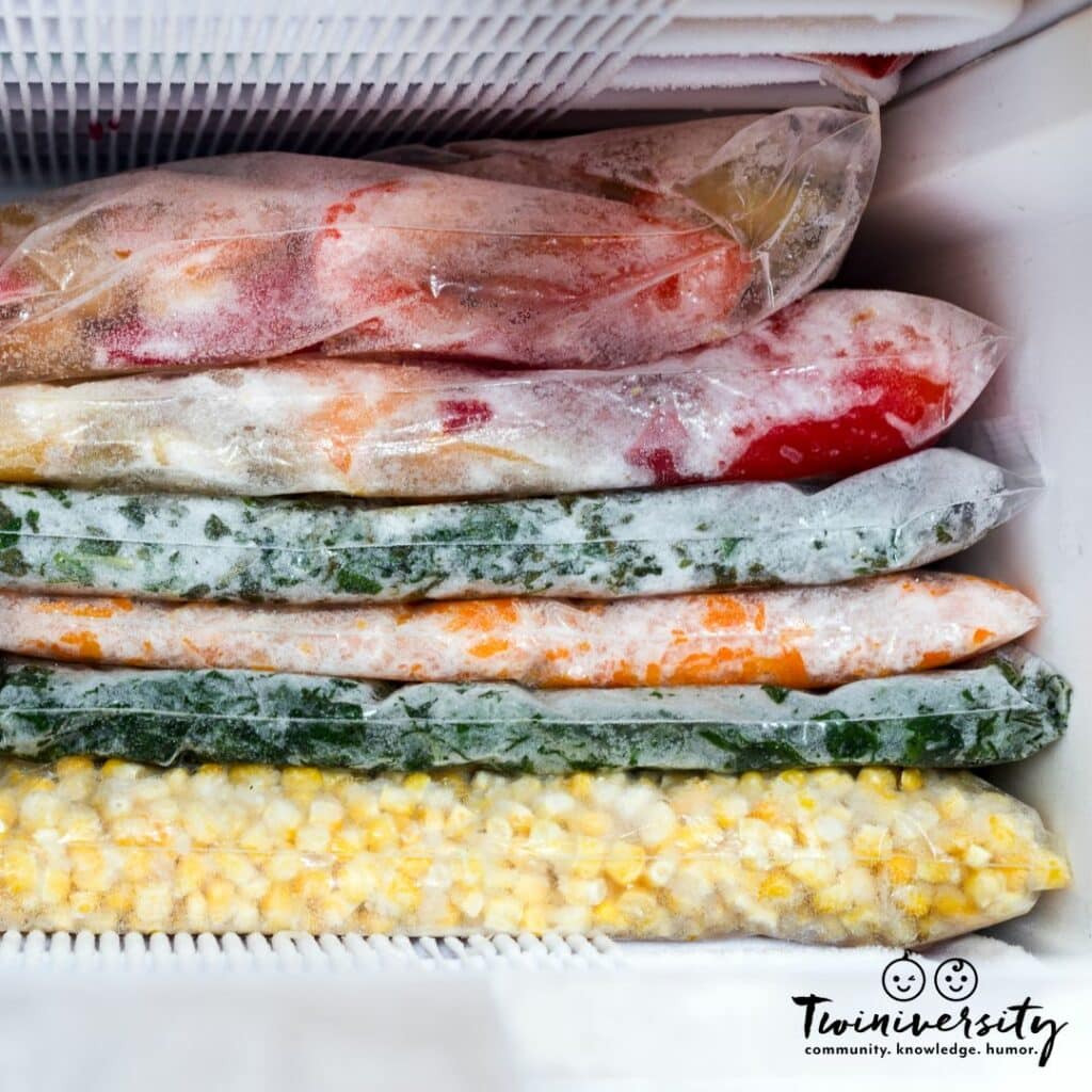 Layered zip-top bags full of frozen meals