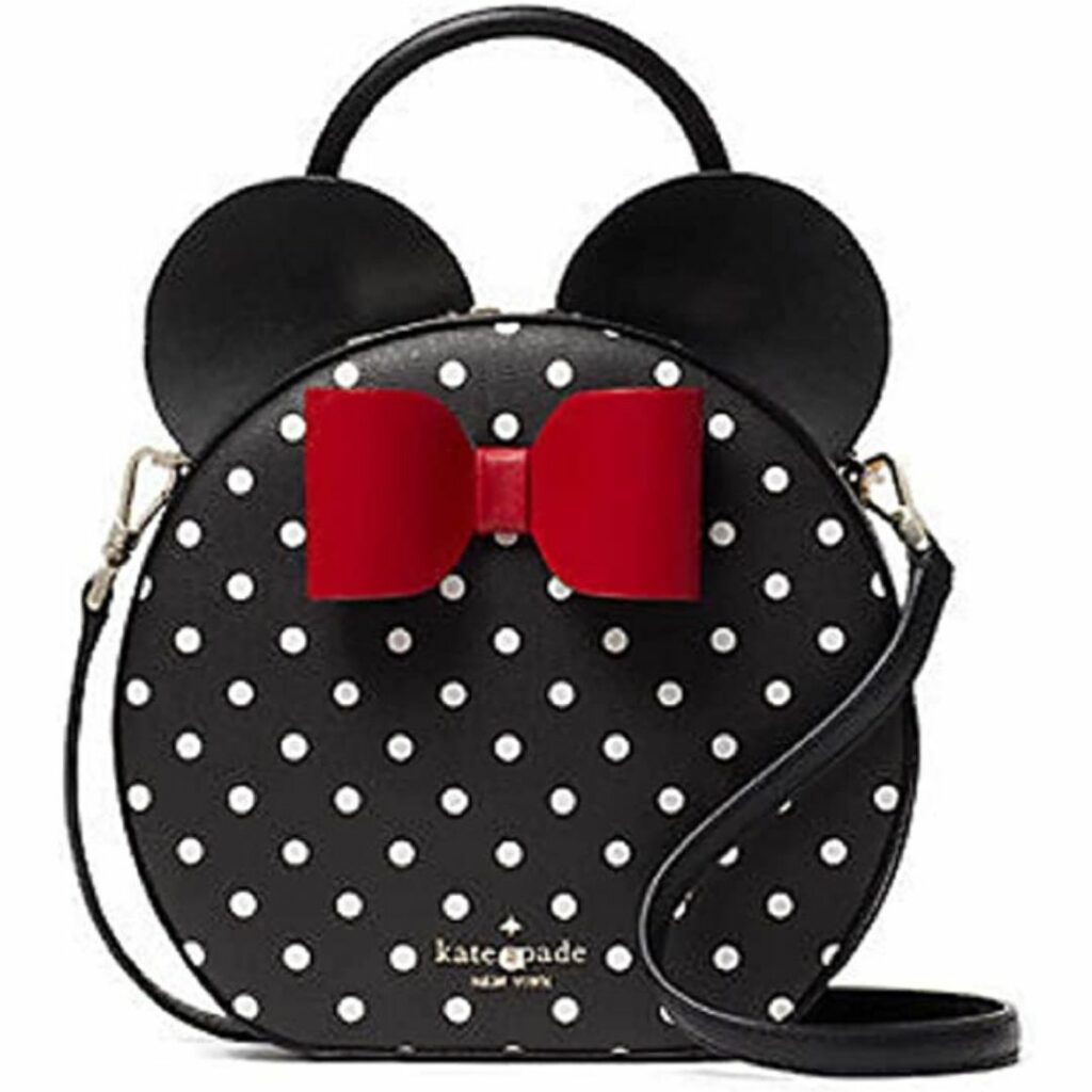 Kate Spade Circular Polka Dot purse with Minnie Mouse ears and a red bow as a sibling gift for a sister