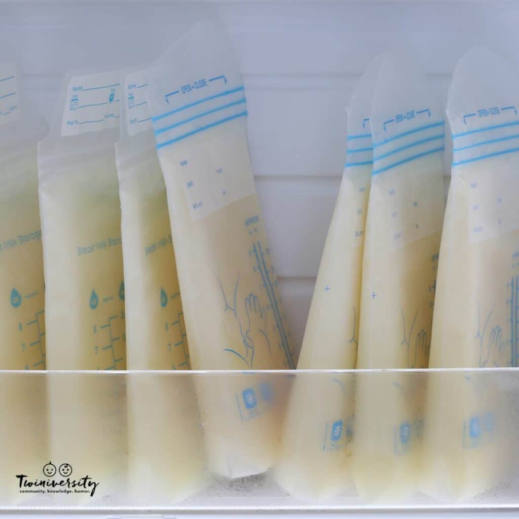 Frozen bags of pumped milk, a result of exclusively pumping for twins