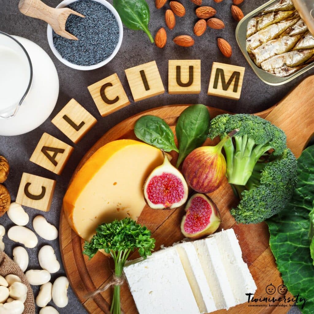 Bean, figs, broccoli, and cheese are all laid out because they are high-calcium foods that are important during pregnancy