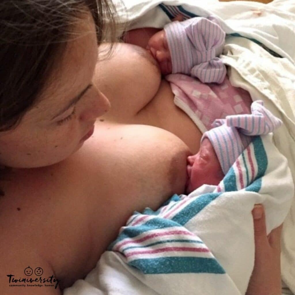 MoM breastfeeding her twins. Not using a nipple shield