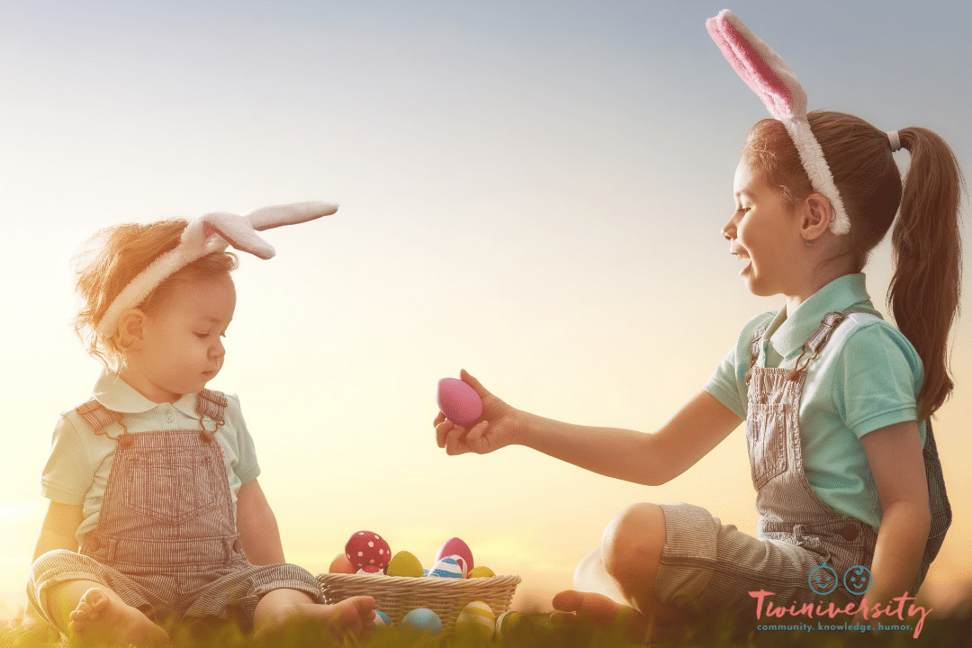 Sisters going through their Easter basket after attending an Easter Egg Hunt.