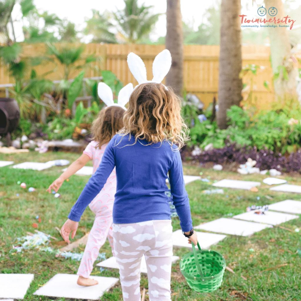 Kids wearing pajamas while on an easter egg hunt