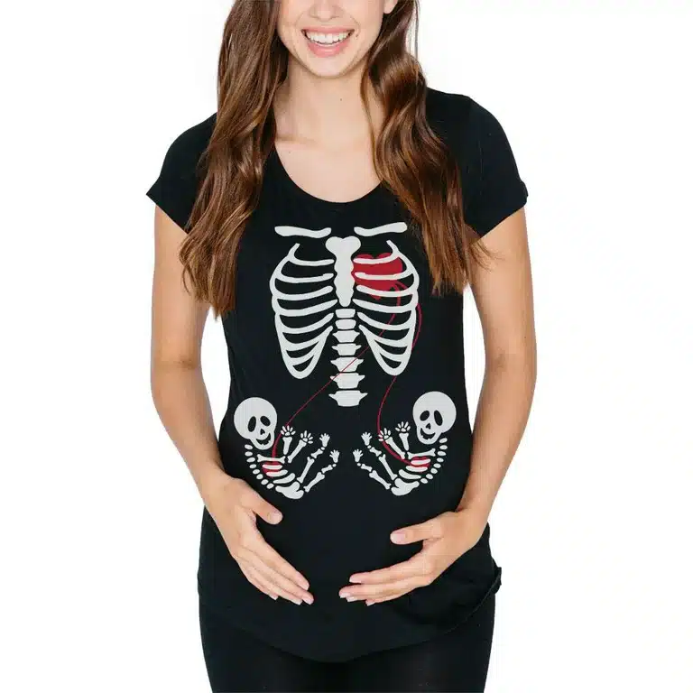 No-fuss skeleton shirt with two skelton babies is a Halloween Costumes for Your Twin Pregnancy 