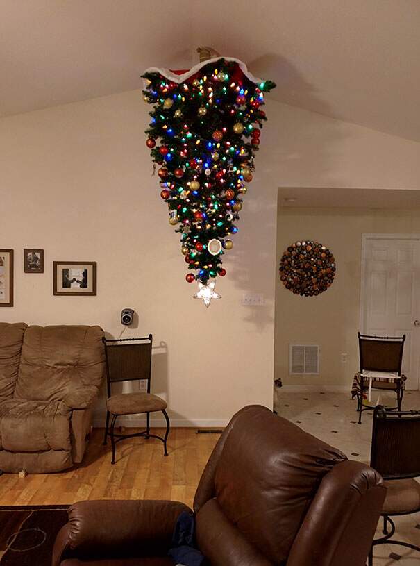 Hanging your tree from the ceiling is actually a practical way to toddler proof