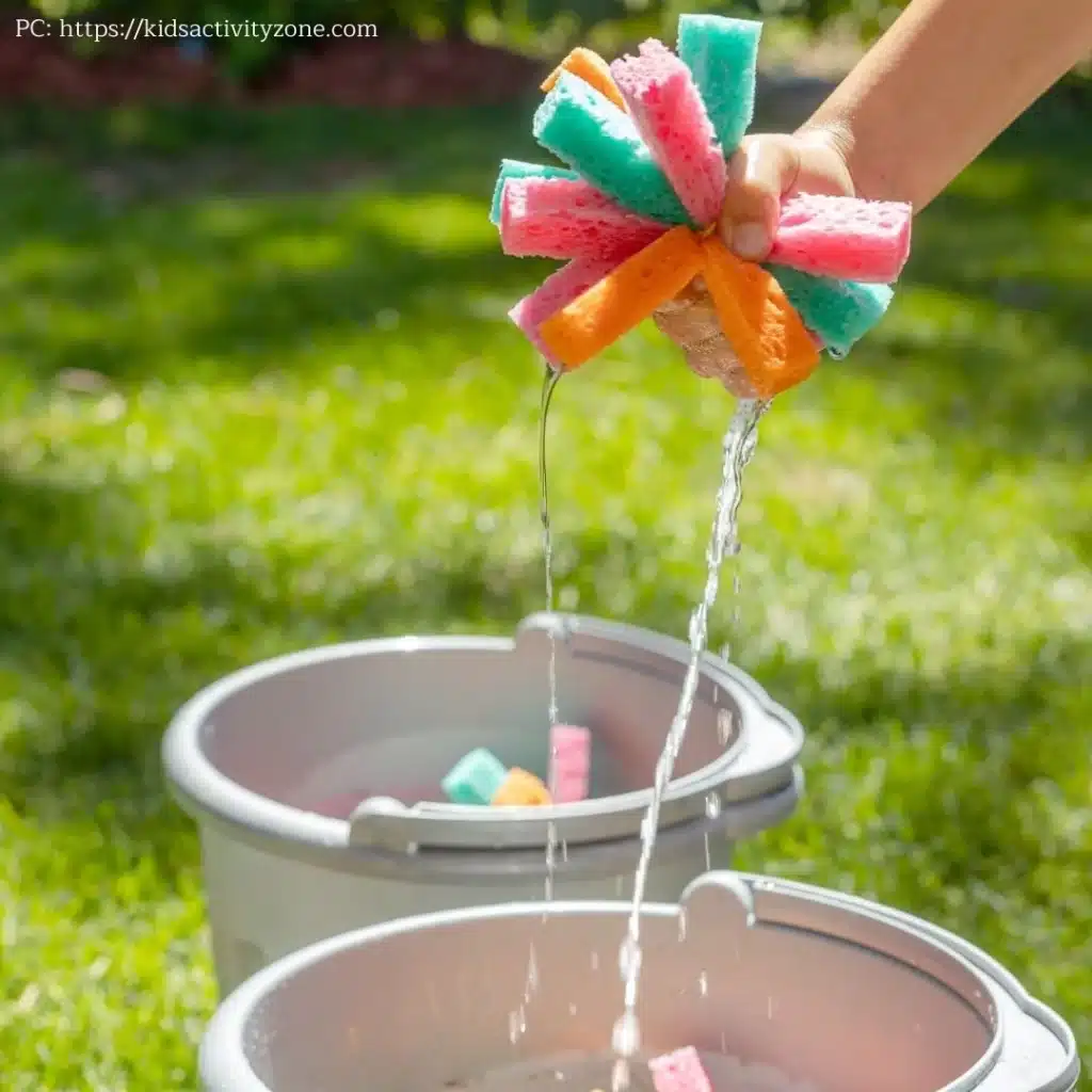 Sponge water bomb being pulled out of a bucket of water
