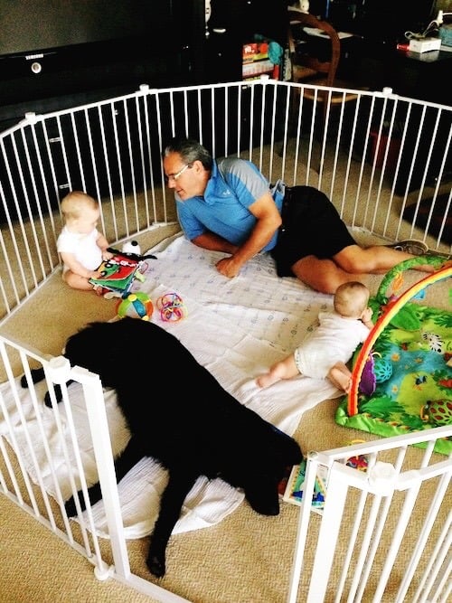 grandpa in baby jail with twin babies and a dog grandma