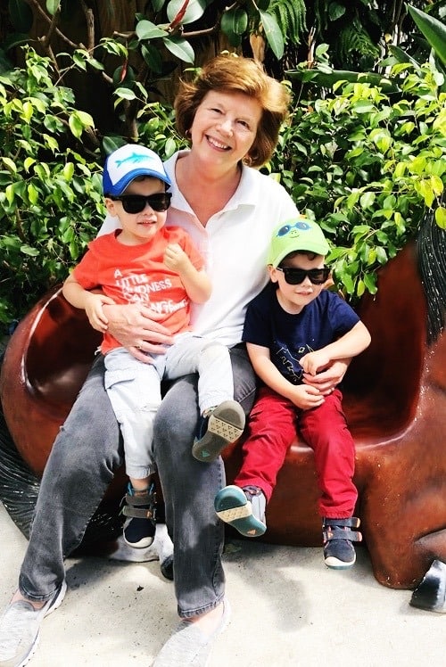 grandma holding toddler twins at zoo