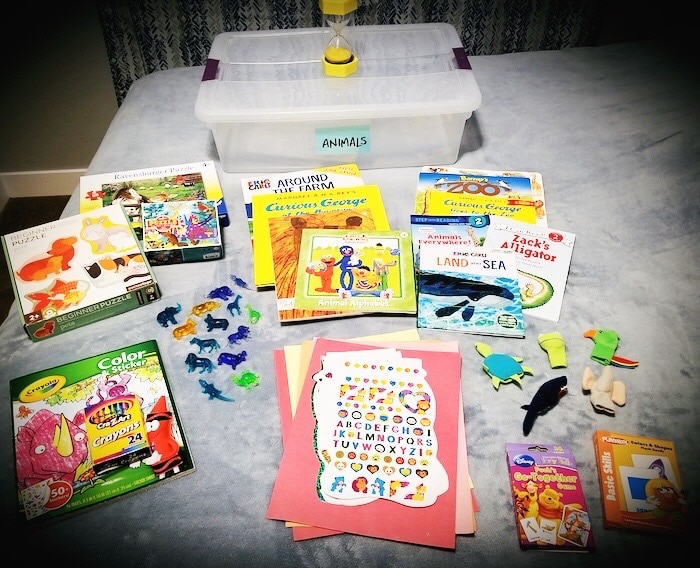 activity books and toys for quiet time boxes