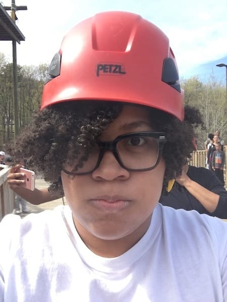 woman wearing zipline helmet after becoming a mom