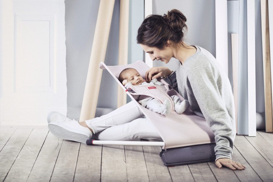 mom and baby in bouncer twin travel