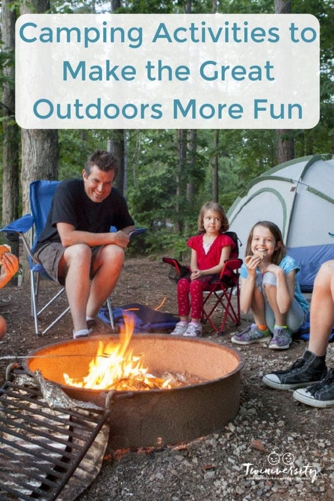 a photo of a man and two children smiling while looking at a campfire with a tents and trees in the back and the words 'Camping Activities to Make the Great Outdoors More Fun'