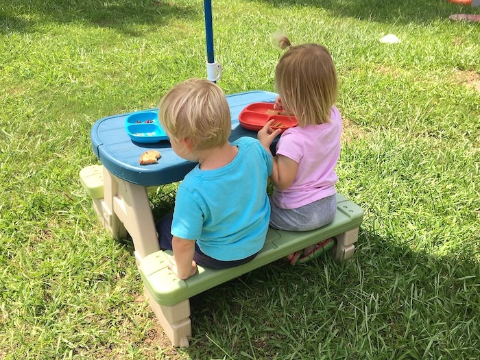 toddler twins sitting at picnic table Keep Twins Busy