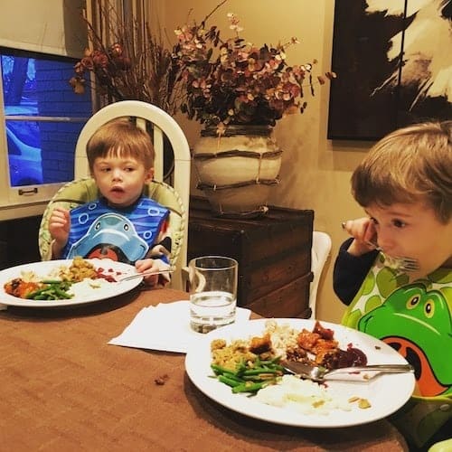 twin toddler boys eating thanksgiving dinner