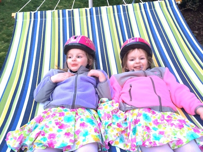 twin girls in hammock three-year-old twins