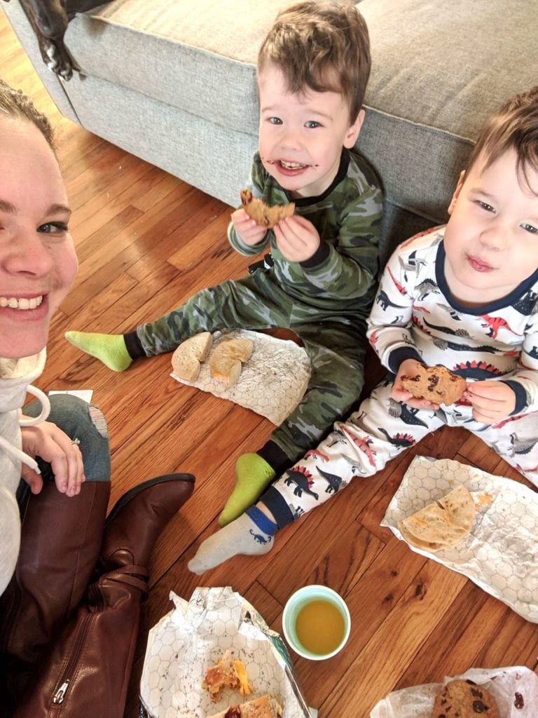 mom and kids eating on the floor balance career and kids