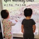 twin toddlers standing at door maternity leave
