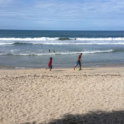 family running on beach lupus and twins