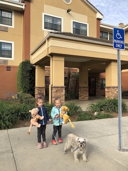 two girls and a dog standing on a sidewalk evacuating