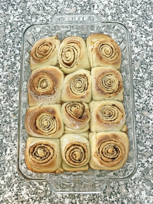 baked cinnamon rolls in a pan